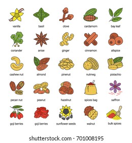 Spices color icons set. Flavorings, seasonings. Peanut, vanilla, cardamom, anise, allspice. Isolated vector illustrations