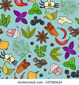 Spices colorful pattern on blue background. Vector illustration.