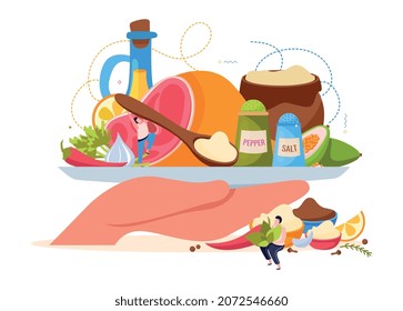Cartel plano de concepto de especias con bandeja de condimentos en la palma de la ilustración vectorial de la mano humana
