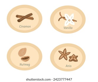 Spices condiment stickers cinnamon nutmeg anis and vanilla