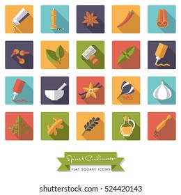 Spices and Condiments Flat Design Long shadow Square Icon Set. Collection of spices, condiments, herbs and seasoning flat design long shadow square icons 