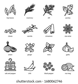 spices, condiments and herbs icon set with white background. Thin line style stock vector.
