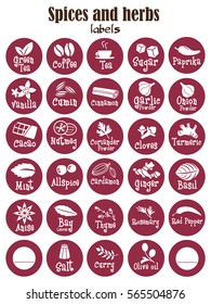 Spices, condiments and herbs web icon set illustration / Collection of herbs flat icon set / Spicy herbs silhouettes collection / Retro labels set for food packaging or Jar sticker kitchen design.