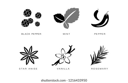 Spices and condiments icons set, black pepper, mint, pepper, star anise, vanilla, rosemary vector Illustration black badges on a white background