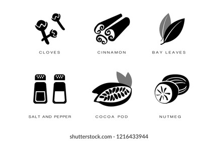 Spices and condiments icons set, cloves, cinnamon, bay leaves, salt and pepper, cocoa pod, nutmeg black badges vector Illustration on a white background