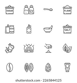 Spices, condiments line icons set, outline vector symbol collection, linear style pictogram pack. Signs, logo illustration. Set includes icons as salt and pepper shaker, mustard, ketchup, mayo, olive