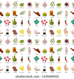 Spices condiments seamless pattern backgroun seasoning food herbs decorative healthy organic relish flavouring vegetable vector illustration.