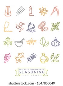 Spices, condiments and seasoning vector color line icon set