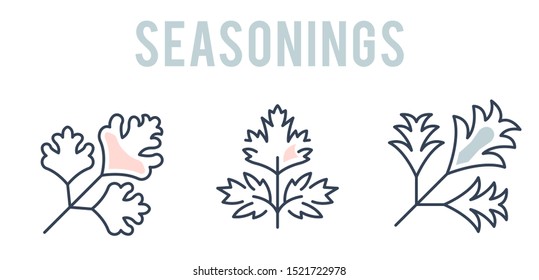 Spices, condiments and seasoning vector line icon set