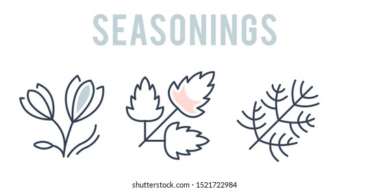 Spices, condiments and seasoning vector line icon set