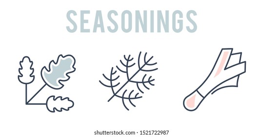 Spices, condiments and seasoning vector line icon set