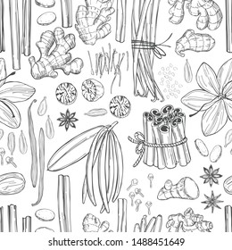 Spices for dessert and baking. Vector seamless pattern. Hand drawn sketch illustration