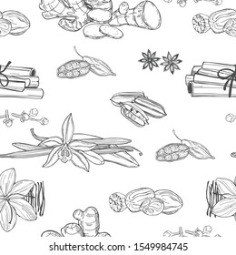 Spices for dessert and baking. Vector seamless pattern. Hand drawn sketch illustration