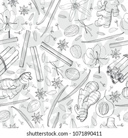 Spices for dessert, and baking.Vector seamless pattern . Hand drawn sketch illustration