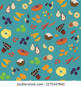 Spices and dried fruits vector seamless pattern