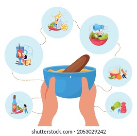 Spices flat background with human hands holding bowl with food and round icons with different condiments vector illustration