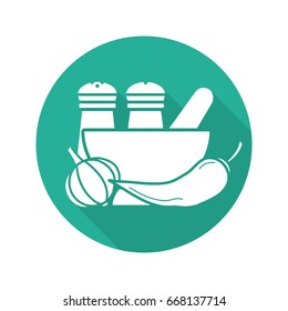 Spices flat design long shadow glyph icon. Salt and pepper shakers, garlic, chili, mortar and pestle. Vector silhouette illustration