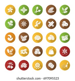 Spices flat design long shadow glyph icons set. Flavorings, seasonings. Peanut, vanilla, cardamom, anise, allspice. Vector silhouette illustration