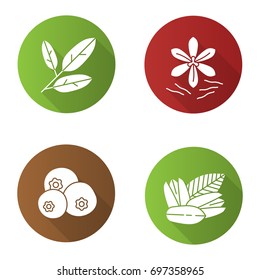 Spices flat design long shadow glyph icons set. Bay leaves, pistachio, allspice, saffron. Vector silhouette illustration