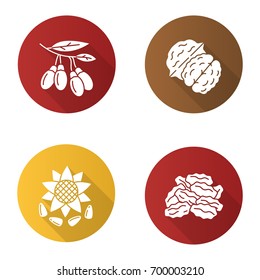 Spices flat design long shadow glyph icons set. Sunflower seeds, raisins, goji berries, walnut. Vector silhouette illustration