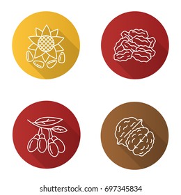 Spices flat linear long shadow icons set. Sunflower seeds, raisins, goji berries, walnut. Vector outline illustration