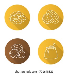 Spices flat linear long shadow icons set. Pinenut, nutmeg, hazelnut, spices bag. Vector outline illustration