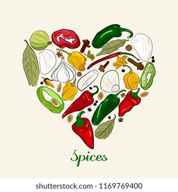 Spices in the form of a heart. Hand drawing. Garlic, hot pepper, green, yellow, red, cloves, pepper, bay leaf, tubby. 