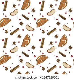 Spices and fruits for winter drink, ingredients for mulled wine, Apple and orange slices, cinnamon, cloves and star anise, new year seamless vector background