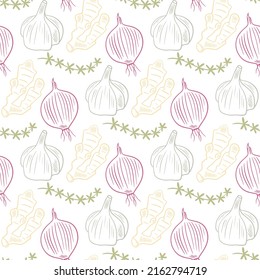 Spices garlic and onion hand engraved seamless pattern. Background pattern of natural culinary spices. White flavored food supplement. Template for packaging and printing vector illustration