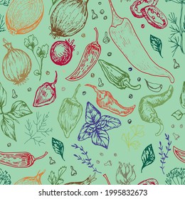 
Spices garlic pepper vegetables herbs cooking vector graphics illustration by hand. Engraving print textile, menu recipe cooking food onion basil kitchen set patern seamless