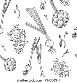 Spices ginger onion. Seamless pattern black and white vector