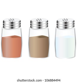 Spices in glass containers with holes in the lid. Vector illustration.