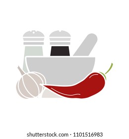 Spices glyph color icon. Salt and pepper shakers, garlic, chili, mortar and pestle. Silhouette symbol on white background with no outline. Negative space. Vector illustration