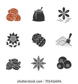 Spices glyph icons set. Silhouette symbols. Hazelnut, spices bag, saffron, sunflower seeds, walnut, bulk spices, dried goji berries, allspice, anise. Vector isolated illustration