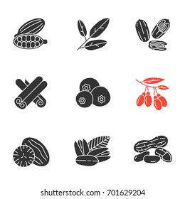 Spices glyph icons set. Silhouette symbols. Cardamom, bay leaves, pecan nut, cinnamon, allspice, goji berries, nutmeg, pistachio, peanut. Vector isolated illustration