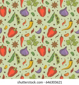 Spices hand drawn seamless pattern on green background. Star anise, soy beans, parsley, garlic, cloves, hot chili pepper, sweet pepper, haricot. Vintage seasonings background. Vector illustration 