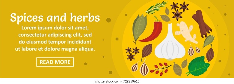 Spices and herbs banner horizontal concept. Flat illustration of spices and herbs banner horizontal vector concept for web design