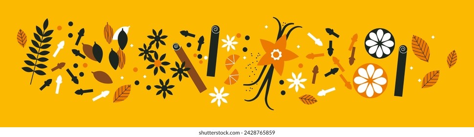 Spices and herbs collection. Abstract horizontal banner with colorful doodles. Cardamom, brown anise flower, cinnamon, vanilla, cloves, pepper. Spices for baking and cooking. Bright backdrop