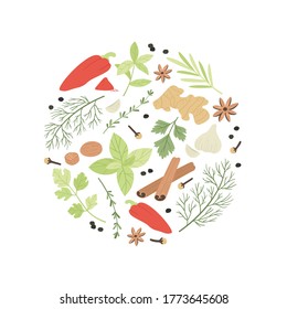 Spices and herbs. Color different cooking aromatic ingredients design for restaurant menu, banner sticker or package, vector composition. Culinary flavors as ginger, thyme, mint, dill