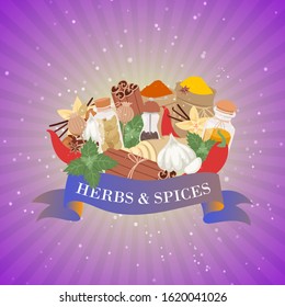 Spices and herbs for cooking and baking, winter home flavor ingredient for food condiments cartoon vector illustration. Mint leaves, cloves, pepper and herbs, ginger with banner on retro background.