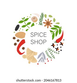 Spices and herbs frame. Hot and Spicy lettering with flat hand drawn cooking ingredients. Trendy label for spice shop design.