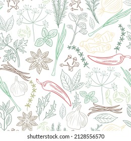 Spices, herbs and greenery seamless pattern. Background natural culinary spices. Flavoring food additives. Template for packaging and printing vector illustration