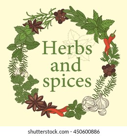 Spices and herbs hand drawn logotype. Doodle background vector. Sketch objects collection. Set  illustration with food ingredient