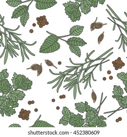 Spices and herbs hand drawn seamless pattern. Doodle background vector. Sketch objects collection design. Set  illustration with food ingredient