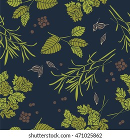 Spices and herbs hand drawn seamless pattern. Doodle background vector. Sketch objects collection design. Set  illustration with food ingredient and food icon