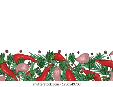 Spices and herbs. Horizontal background. Hot red peppers, garlic, rosemary, thyme, and black pepper. Color image in sketch style. Close-up. There is free space for text. Vector illustration.