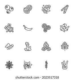 Spices and herbs line icons set, outline vector symbol collection, linear style pictogram pack. Signs, logo illustration. Set includes icons as cayenne pepper, garlic, clove, ginger root, cinnamon