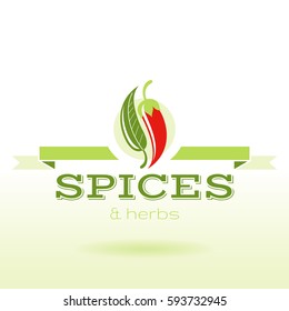 Spices and herbs logo text lettering, flat modern vector illustration. Bay leaf, chili pepper icon