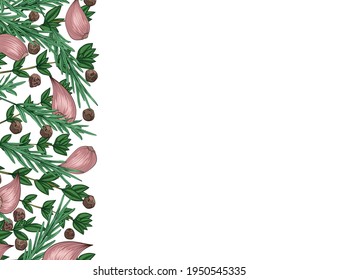 Spices and herbs. On a white background rosemary, garlic and pepper. Color image in sketch style. Close-up. There is free space for text. Vertical orientation. Vector illustration.
