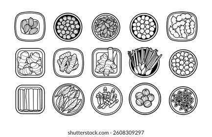 Spices and herbs with plate outline vector illustration set